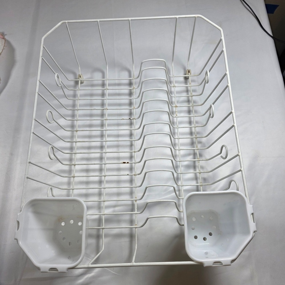 Vtg Rubbermaid White Wire Dish Drying Rack with 2 Utensil Cups Large 17.5x14x5.5